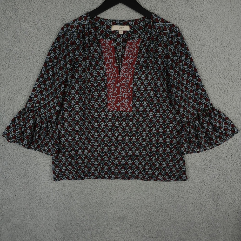 Ann Taylor LOFT Shirt Womens Small Blue Red Boho Bell Sleeve Floral Blouse Top